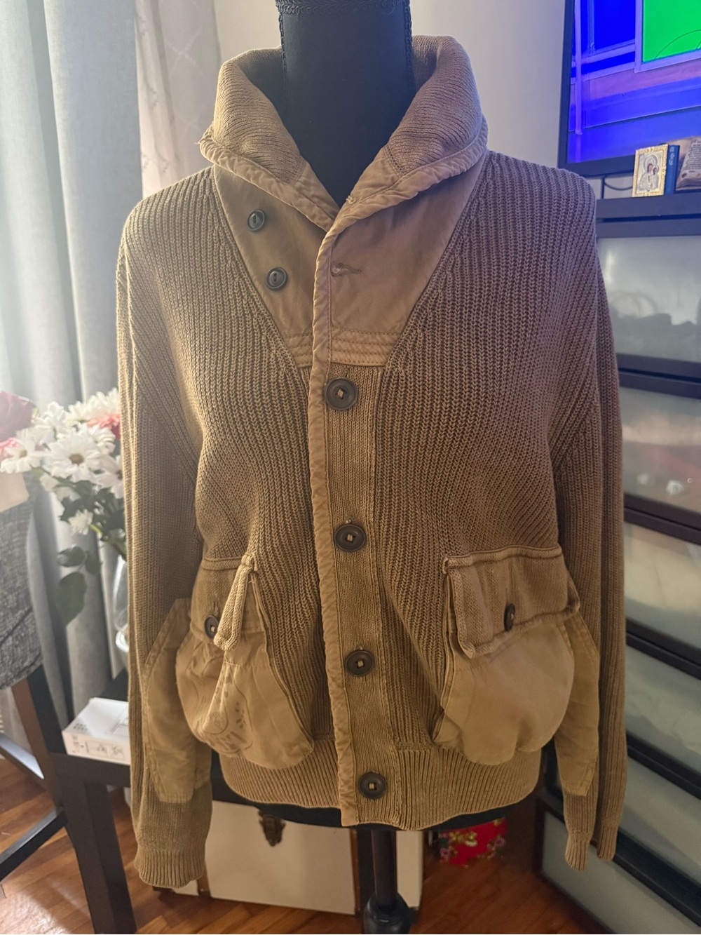 Polo Ralph Lauren Cardigan Shawl Knit Sweater M Brown Corduroy Elbow Patch